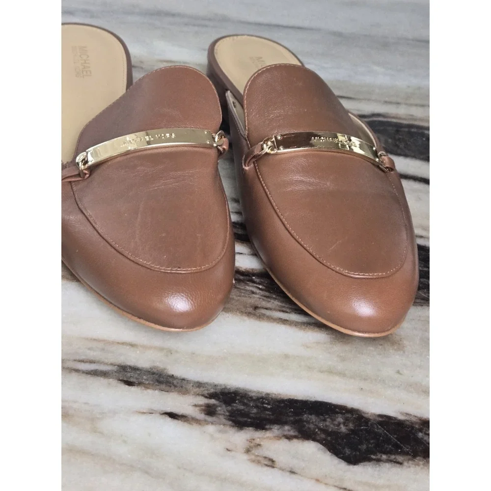Michael Kors Tiffanie Flat‎ Mule Brown Leather 8 Slide Preppy Designer Office